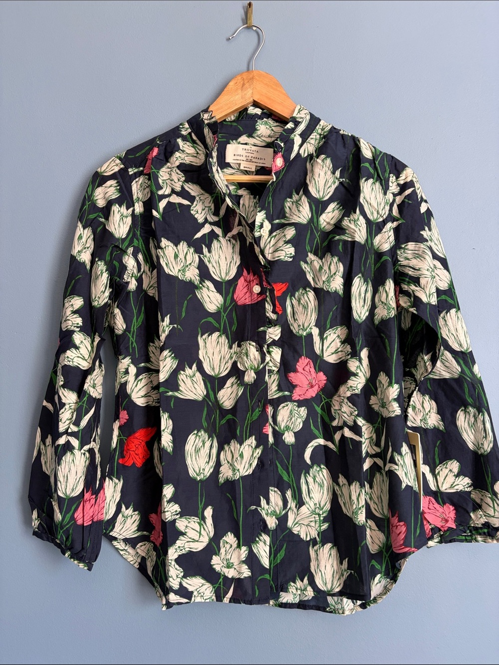 Trovata Navy Floral Button-Up Blouse with White and Pink Tulips